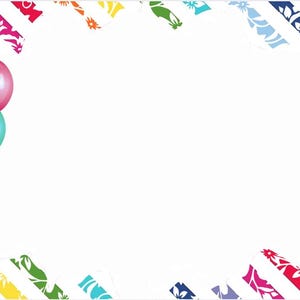 May include: A colourful illustration showing a bunch of balloons and a magenta gift box tied with a gold ribbon. The background has a white space framed by diagonal stripes in various colours and floral patterns.