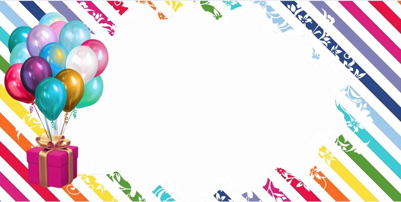 May include: A colourful illustration showing a bunch of balloons and a magenta gift box tied with a gold ribbon. The background has a white space framed by diagonal stripes in various colours and floral patterns.