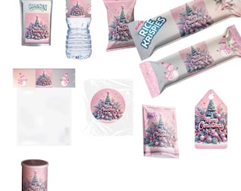 Pink Christmas Party Favor Bundle – 10 Matching Templates | Instant PDF Download