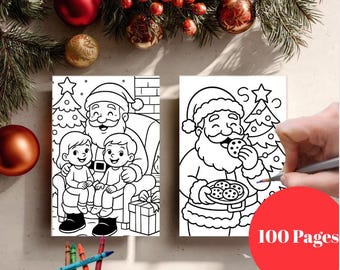 May include: Two black and white coloring books with Santa Claus illustrations. One shows Santa with children, the other Santa eating cookies. A red circle with the text "100 Pages" is visible. Crayons and Christmas ornaments are also in the image.