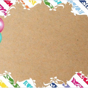 May include: A celebratory design with a cluster of colourful balloons and a wrapped gift box. The background has a tan centre with a floral border and diagonal stripes in various colours, creating a festive theme.