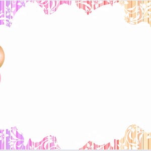 May include: A digital illustration with a bunch of balloons in gold, silver, pink, and purple, attached to a lavender gift box with a gold ribbon. The background has a white space with a floral design.