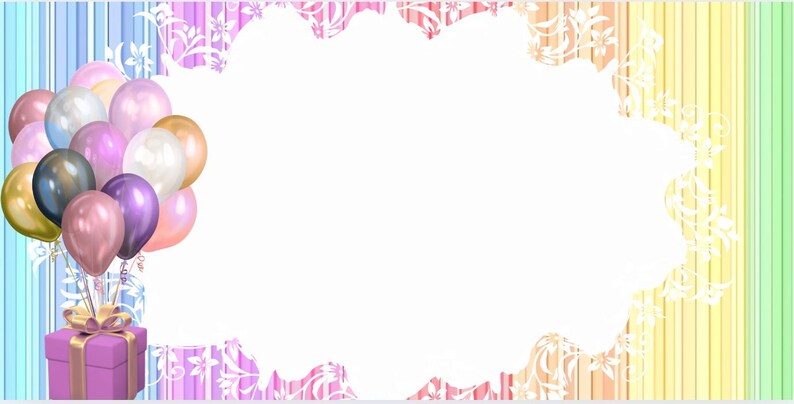 May include: A digital illustration with a bunch of balloons in gold, silver, pink, and purple, attached to a lavender gift box with a gold ribbon. The background has a white space with a floral design.