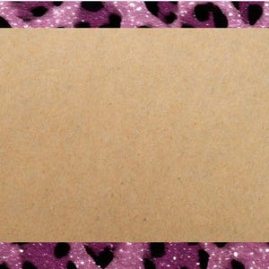 May include: A rectangular tan background with a pink leopard print border. Pink balloons, stars, a heart, and wrapped gifts decorate the left side. The gifts have pink bows and ribbons.