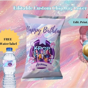 Editable K-Pop Demon Hunters Chip Bag Template with Free Water Bottle Label