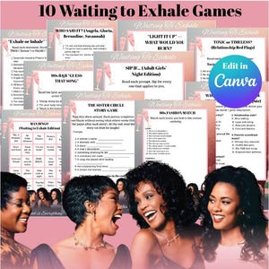 Könnte beinhalten: Eine Sammlung von 10 Spielen zum Thema "Waiting to Exhale", mit Spieltiteln wie "Who Said It?" und "90s R&B Guess That Song". Das Bild zeigt ein Foto der Stars des Films und den Text "Edit in Canva."