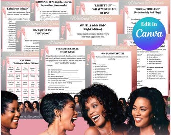 Könnte beinhalten: Eine Sammlung von 10 Spielen zum Thema "Waiting to Exhale", mit Spieltiteln wie "Who Said It?" und "90s R&B Guess That Song". Das Bild zeigt ein Foto der Stars des Films und den Text "Edit in Canva."