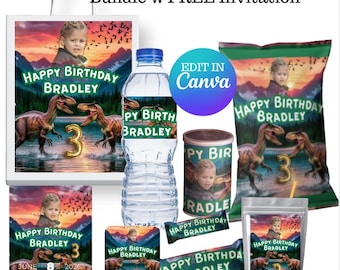 May include: An 8-item Dino Park birthday bundle with a free invitation. The bundle includes a tote bag, water bottle, chip bag, candy bar, and other items, all featuring a dinosaur theme and the text "Happy Birthday Bradley" with the number "3".
