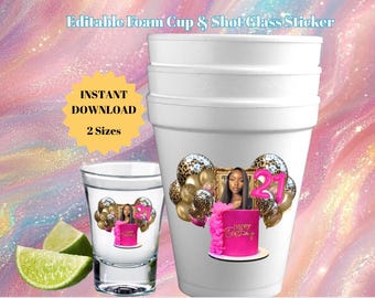 Pink Cheetah Print Birthday Party Cup & Shot Glass Design | Personalized Party Favor | Canva Template | Instant Download