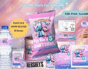 Editable Stitch Party Favor Template Bundle | 11 PCS | Instant Download | 5th Birthday invite