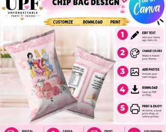 Mall för rosa prinsesschipspåse | Utskrivbar festgåva | Ladda ner PDF direkt