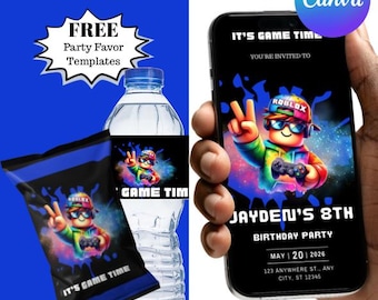 Animated Roblox Birthday Invitation w FREE Party Favors - Chip bags and water bottle labels