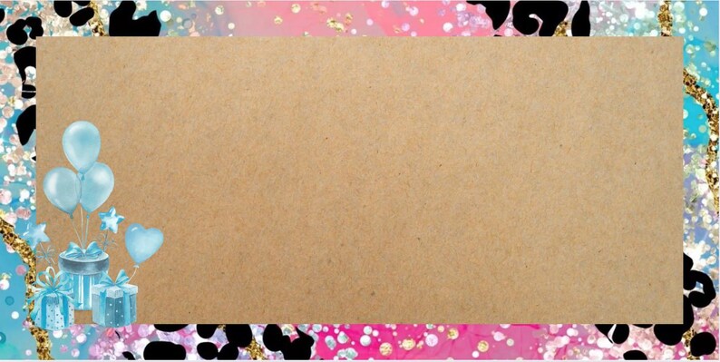 May include: A rectangular kraft paper card featuring blue balloons, star and heart shapes, and gift boxes in the lower left corner. The card is framed by a colourful border with pink, blue, gold, and black accents.