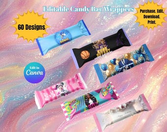 60 Editable Hershey Bar Wrapper Templates – Canva Party Favor Bundle | Fits 1.55 oz Bars