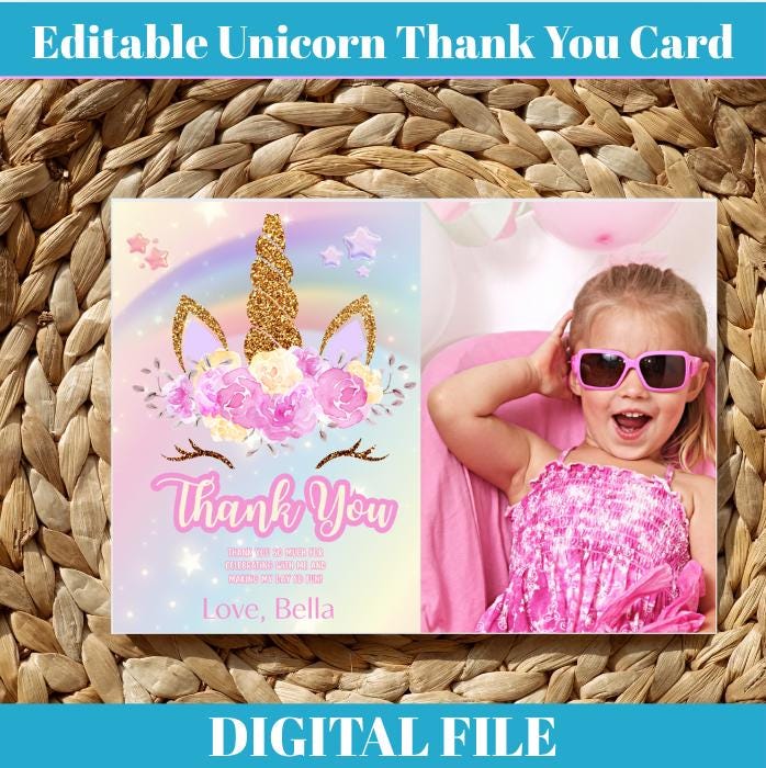 Unicorn Pink and Gold Birthday Thank You Card | Party Favors Digital ...