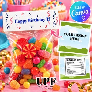 Op de afbeelding: Een doorzichtig plastic traktatiezakje gevuld met diverse gekleurde gummisnoepjes, voorzien van een witte papieren header met blauwe tekst Happy Birthday TJ en rode en blauwe confetti-afbeeldingen, inclusief twee rechthoekige sjablonen.