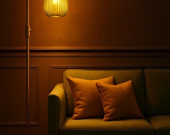 Modern Floor Lamp with Green Ribbed Glass Shade - customizable Standing Lamp - Dimmable