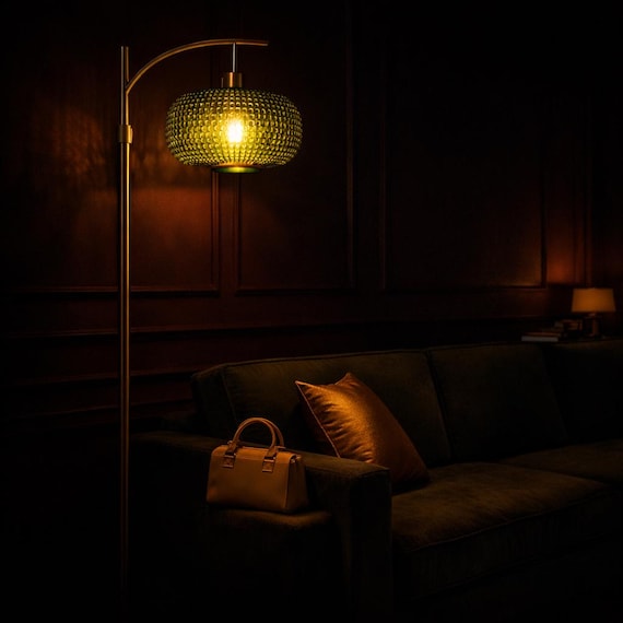 Mid Century Modern Floor Lamp, Green & Amber Glass Shade Dimmable Customizable lampshades