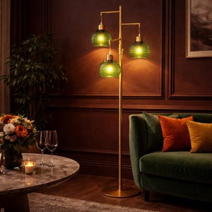 Modern Glass Floor Lamp, Dimmable 3-Light Standing Lamp with Green Shades - customizable light