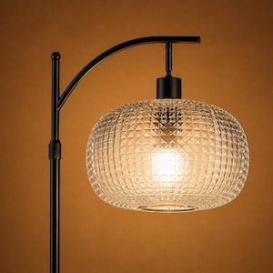 May include: A black metal floor lamp with a curved arm supporting a textured, clear glass shade. The shade has a diamond pattern and houses a bright light bulb. The lamp is a stylish lighting fixture.