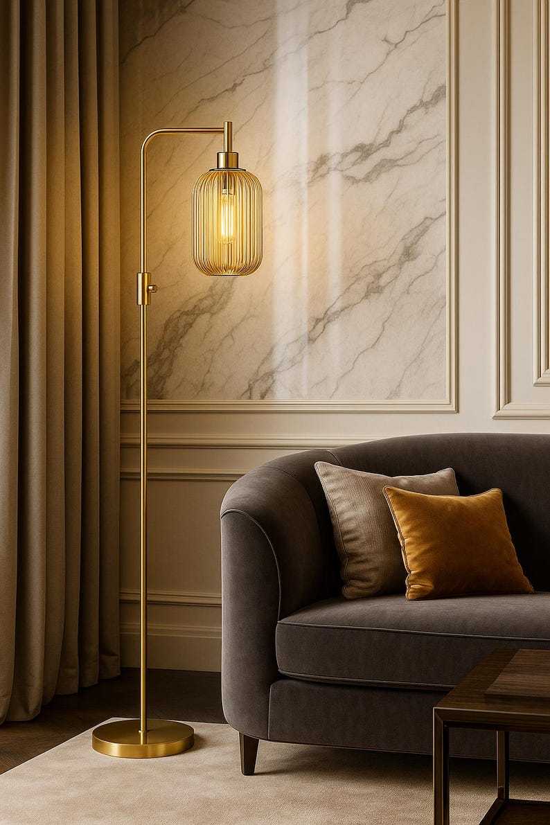 May include: A tall floor lamp with a slender brass-toned metal stand and a circular base. The lamp features an adjustable arm and a cylindrical, vertically ribbed glass shade that emits a warm, glowing light from an internal bulb.