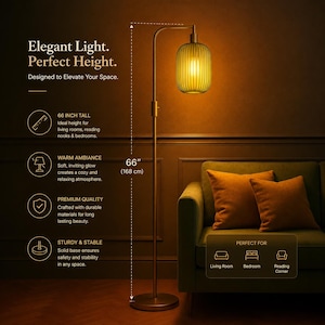 May include: A floor lamp with a slim metal stand and a ribbed, cylindrical glass shade emitting a warm yellow glow. The lamp stands 66 inches tall. Text on the image reads: Elegant Light. Perfect Height. Designed to Elevate Your Space.