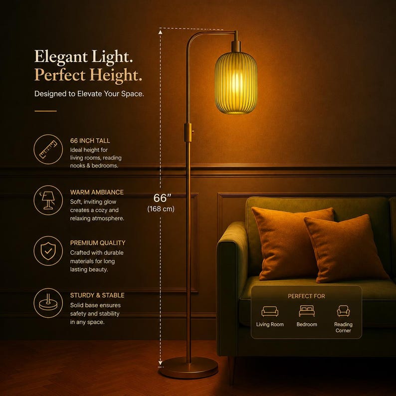 May include: A floor lamp with a slim metal stand and a ribbed, cylindrical glass shade emitting a warm yellow glow. The lamp stands 66 inches tall. Text on the image reads: Elegant Light. Perfect Height. Designed to Elevate Your Space.