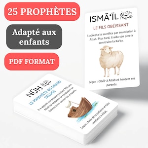 Peut inclure: Jeu de cartes éducatives en format PDF, avec des illustrations et du texte. Les cartes présentent des images d'un mouton et d'un bateau, avec les mots "25 PROPHÈTES" et "Adapté aux enfants".