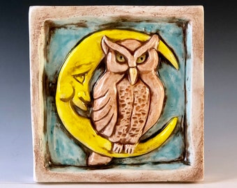 Night Owl Ceramic Art Tile: 4x4 Handmade Wall Decor