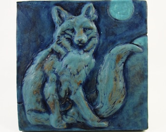 Handmade Wolf Ceramic Art Tile: 4x4 Turquoise Wall Decor