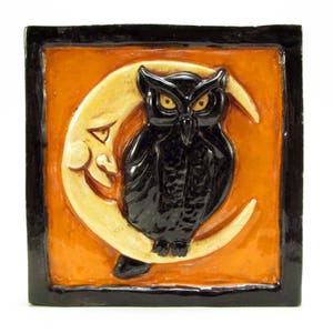 HALLOWEEN NIGHT OWL Ceramic Wall Art Tile -  Halloween Colors, Orange and Black, 4x4 Handmade Old World Ceramic Tile