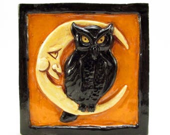 Halloween Night Owl 4x4 Ceramic Tile: Handmade Wall Art