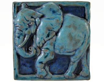 ELEPHANT Ceramic Art Tile, Antique Turquoise,Ceramic Wall Art Plaque, 4x4 Handmade Ceramic Tile, This Tile Is Made To Order!