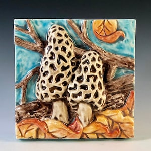Handmade Morels Mushroom Ceramic Art Tile (4x4)