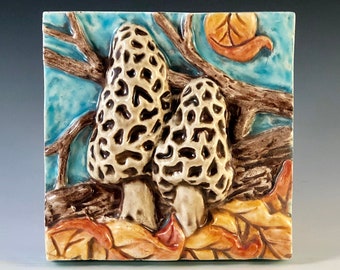 Handmade Morels Mushroom Ceramic Art Tile (4x4)