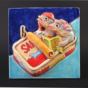 CAN OF SARDINES Ceramic Art Tile, 5 x 5 Wall Plaque, Americana Kitsch,