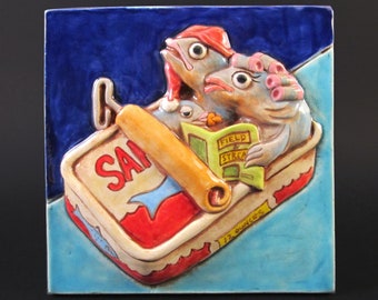 CAN OF SARDINES Ceramic Art Tile, 5 x 5 Wall Plaque, Americana Kitsch,