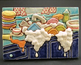 Ceramic Art Tile, KITCHEN SINK, 4 x 6 Handmade Tile, Kitchen Wall Art, Dirty Dishes, This Tile Is Made To Order!