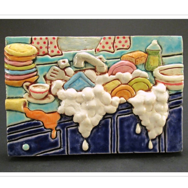 Ceramic Art Tile, KITCHEN SINK, 4 x 6 Handmade Tile, Kitchen Wall Art, Dirty Dishes, This Tile Is Made To Order!