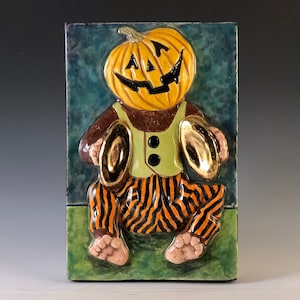 Jack O Lantern Wind-Up Toy Ceramic Art Tile, 4x6 Wall Plaque, Halloween Decor