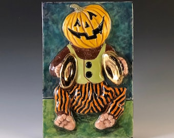 Jack O Lantern Wind-Up Toy Ceramic Art Tile, 4x6 Wall Plaque, Halloween Decor