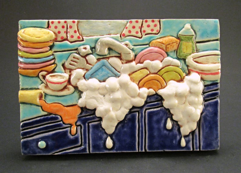 Ceramic Art Tile KITCHEN SINK Antique Blue 4 x 6 Handmade