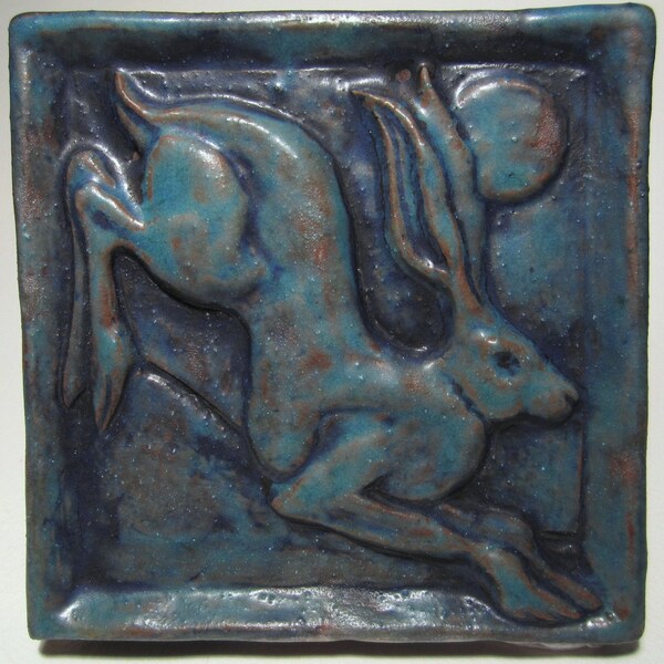 Ceramic Art Tile, Leaping Hare - Deep Turquoise, Rabbit Tile, Wall Art