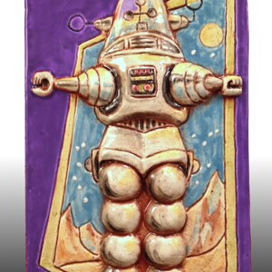 OUTER SPACE ROBOT Ceramic Art Tile, 1950s Science Fiction Toy Robot, Kitsch Wall Art image 3