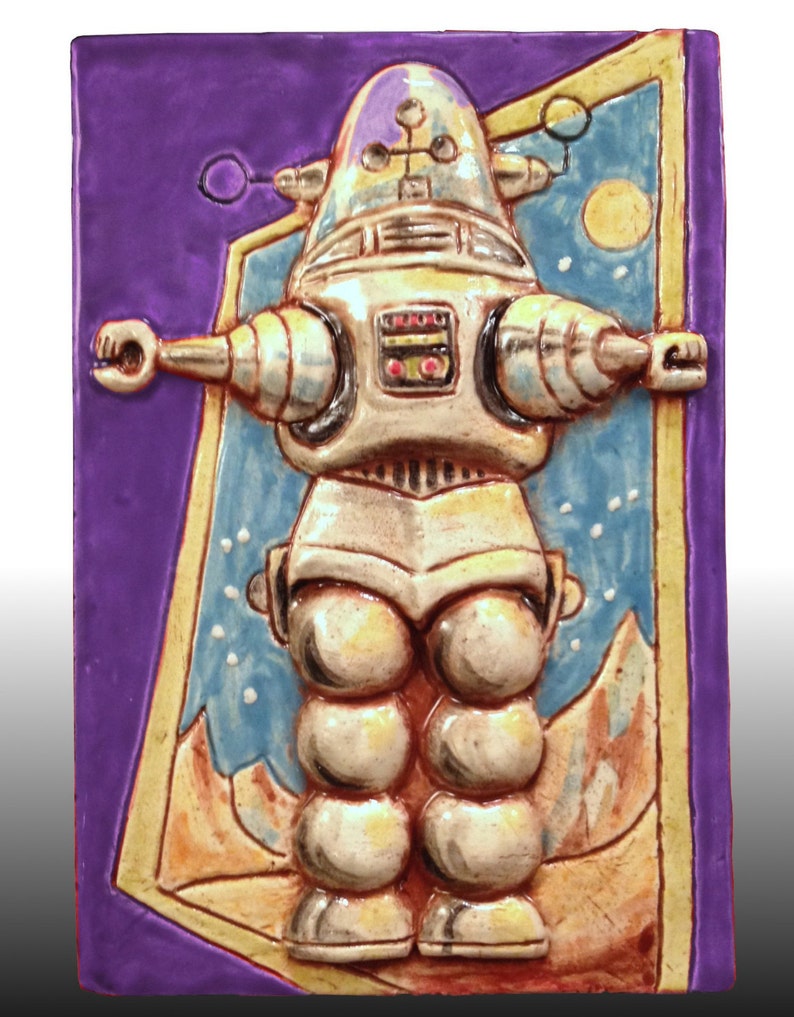 OUTER SPACE ROBOT Ceramic Art Tile, 1950s Science Fiction Toy Robot, Kitsch Wall Art image 3