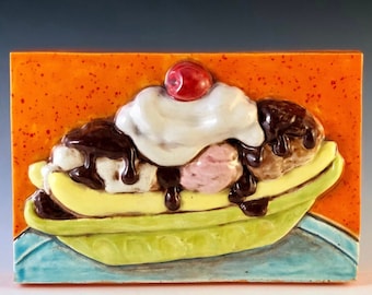 ICE CREAM SUNDAE Ceramic Wall Art Tile, 4x6 Wall Plaque, American Nostalgia