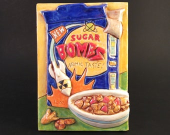 SUGAR BOMBS CEREAL Ceramic Art Tile, 4x6 Decorative Wall Plaque, Cold War Americana