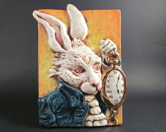 Ceramic Art Tile, ALICE In WONDERLAND White Rabbit, Handmade Wall Art Plaque, Lewis Carroll Children's Book, This Tile Is Made To Order!