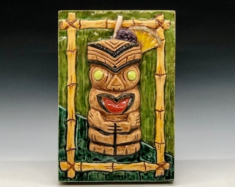 TIKI BOB MAORI Ceramic Art Tile, 4 x 6 Wall Plaque, Americana Kitsch Decor,