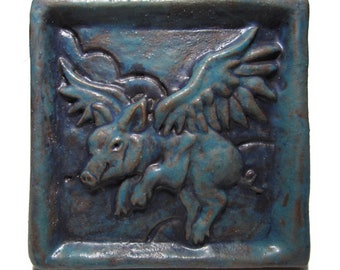 Ceramic Art Tile WHEN PIGS FLY - Antique Turquoise, 4x4 Handmade Ceramic Wall Art, This Tile Is Made To Order!